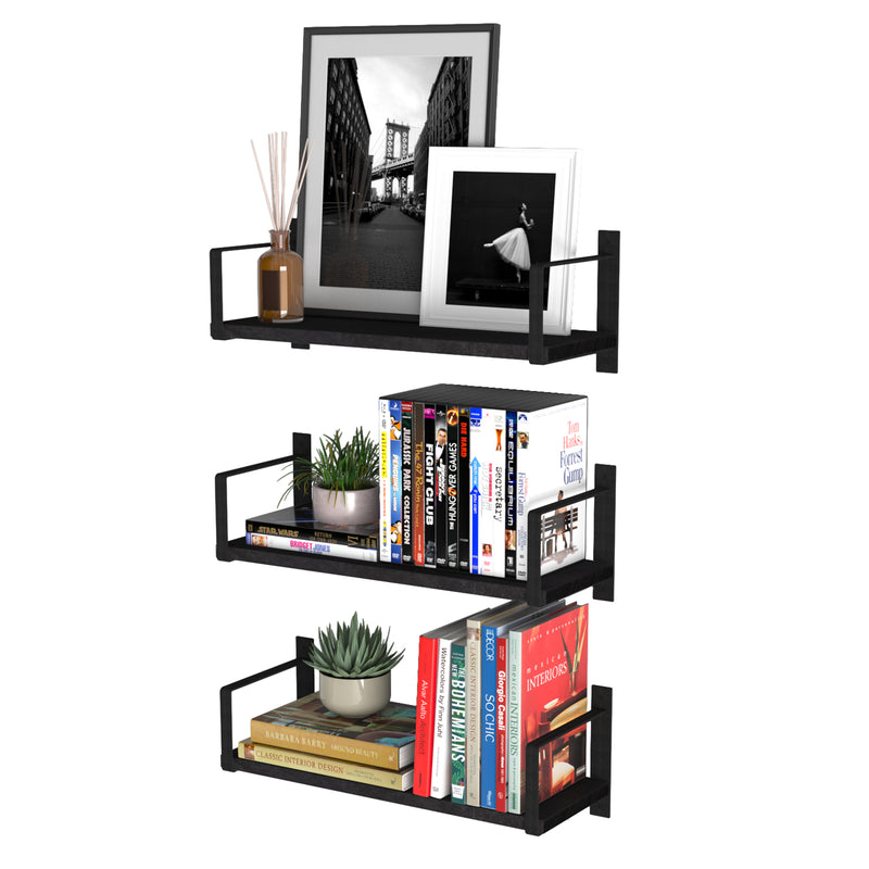 TOLEDO Floating Bookshelf for Living Room Decor, Rustic Wall Shelves - Set of 3 - Gray, or Black