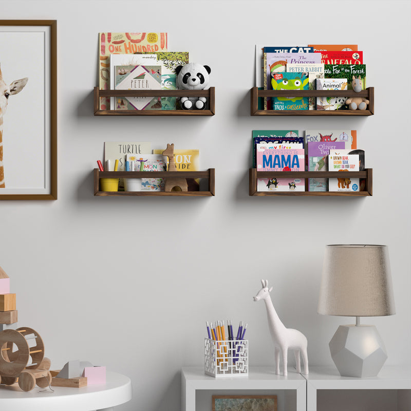 UTAH 15.8" Floating Shelves Wall Bookshelf for Kids and Nursery Decor – Set of 4 – Burnt Wash Brown - Wallniture