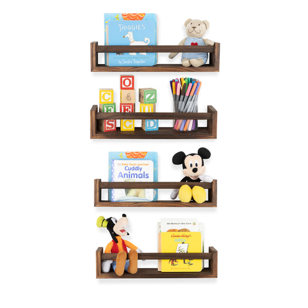 UTAH 15.8" Floating Shelves Wall Bookshelf for Kids and Nursery Decor – Set of 4 – Burnt Wash Brown - Wallniture